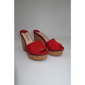 Jimmy Choo Suede Cork DeeDee Platform Wedge Sandals Red Size 38 US 8